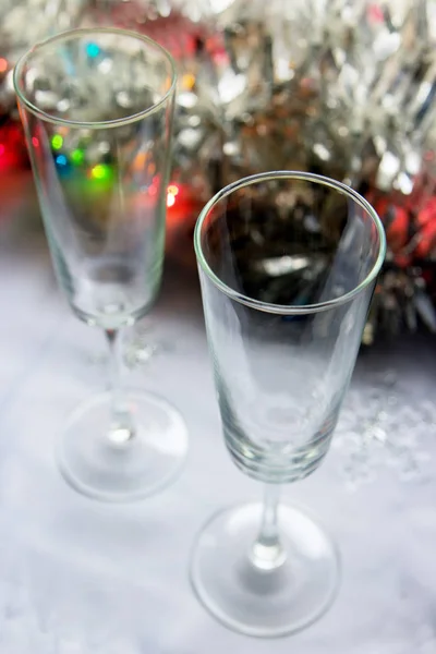 Порожні Келихи Шампанського Столі Готуємо Святкову Вечерю Різдво Або Новий — стокове фото