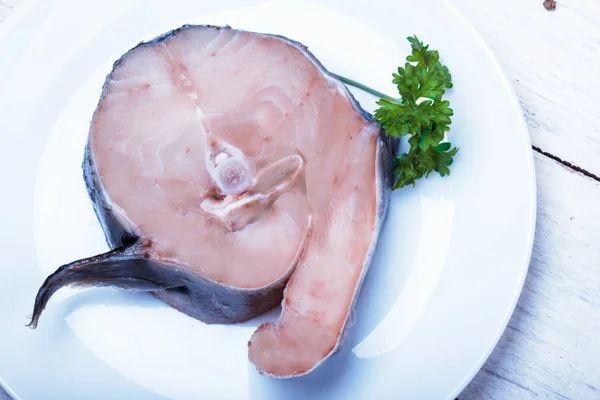 Bife Cru Bacalhau Preto Com Especiarias Salsa Alimentos Saudáveis — Fotografia de Stock