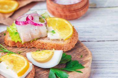 Taze yeşil salata, soğan halkası, yumurta, evde peynir, limon, mikro yeşil ve scallions ahşap masa üzerinde bir çeyrek ile ringa balığı ve ton balığı fileto sandviç.