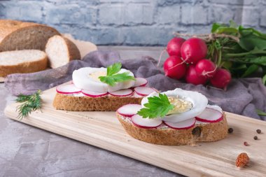 Taze ekmek sandviç yumurta, turp, salatalık ve peynir, maydanoz gri arka plan üzerinde ahşap tahta üzerinde dekore.