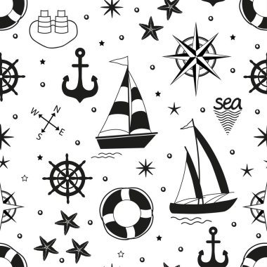 Beyaz arka plan üzerinde deniz unsurları ile deniz seamless modeli