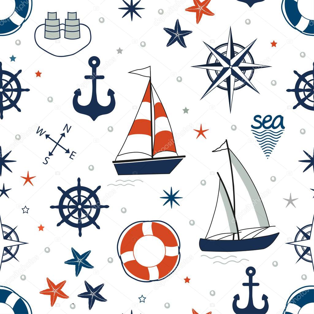 Marine seamless pattern with nautical elements on white background