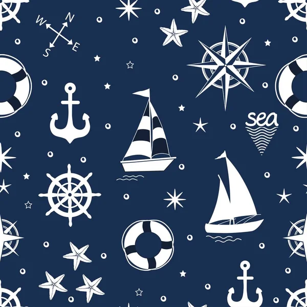 Marine Seamless Pattern Nautical Elements Blue Background — Stock Vector