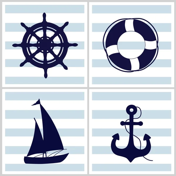 Motifs Marins Avec Des Éléments Nautiques Sur Fond Rayé Bleu — Image vectorielle