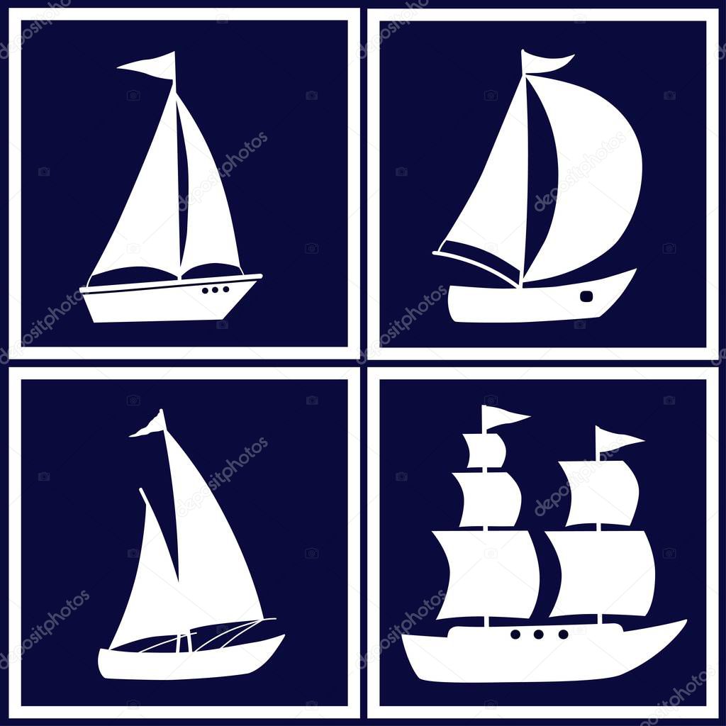 Four images with white cartoon boats on biue background