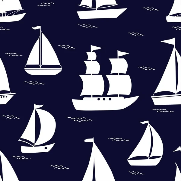 Padrão Sem Costura Com Barcos Desenhos Animados Brancos Fundo Biue —  Vetores de Stock