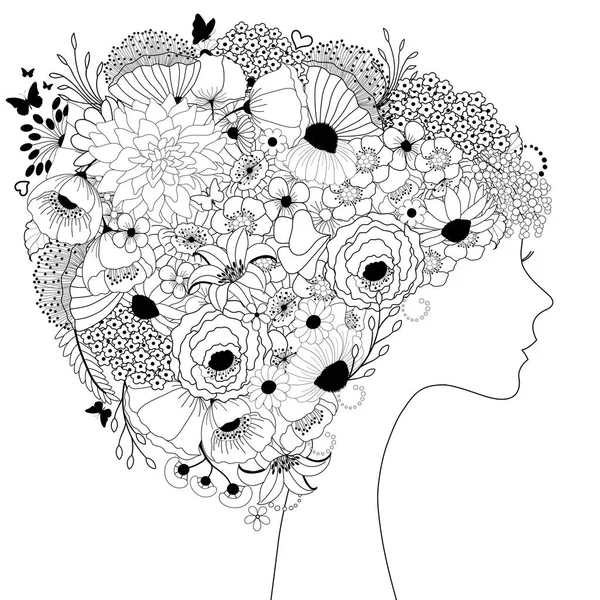 Hermosa Silueta Mujer Peinado Floral Para Diseño — Vector de stock