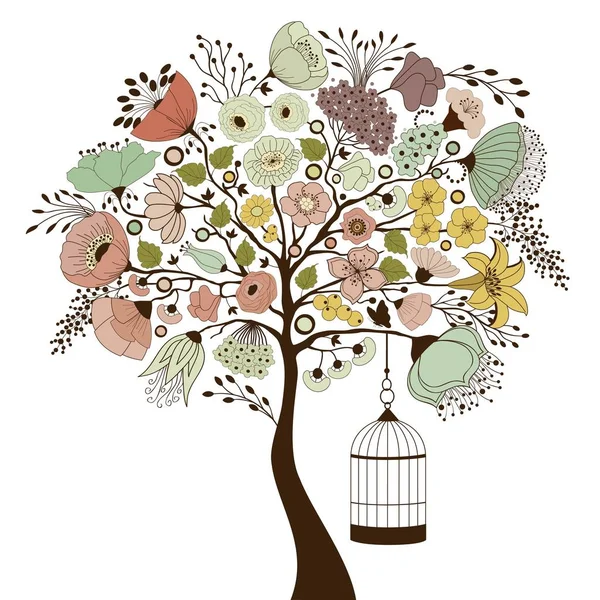 Открытка Изолированным Деревом Цветными Карикатурными Цветами Клеткой Птиц — стоковый вектор