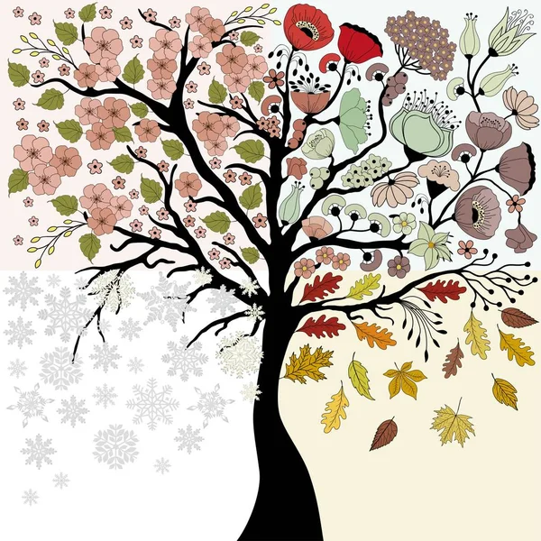 Four Seasons Tree Spring Summer Autumn Winter White Background — Stock Vector