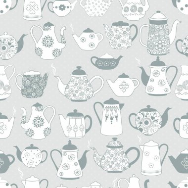 Çaydanlıklar ile mavi arka plan süsler ile Seamless modeli