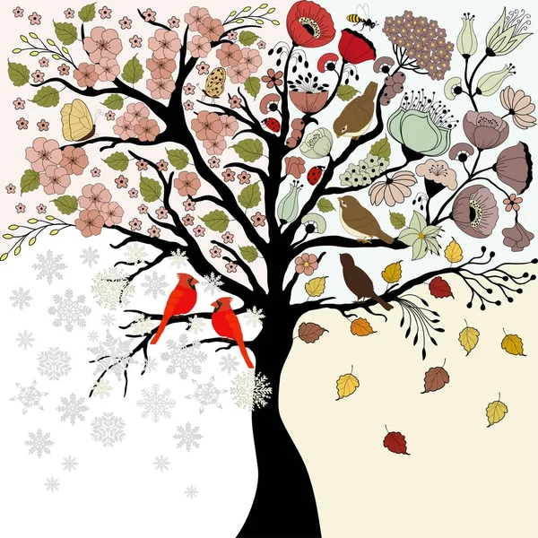 Δέντρο Τέσσερις Εποχές Άνοιξη Καλοκαίρι Φθινόπωρο Χειμώνα Πουλιά Και Πεταλούδες — Διανυσματικό Αρχείο