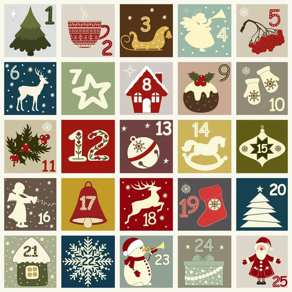 Рождественский Календарь Рождественскими Символами Плакат Зимних Праздников — стоковый вектор
