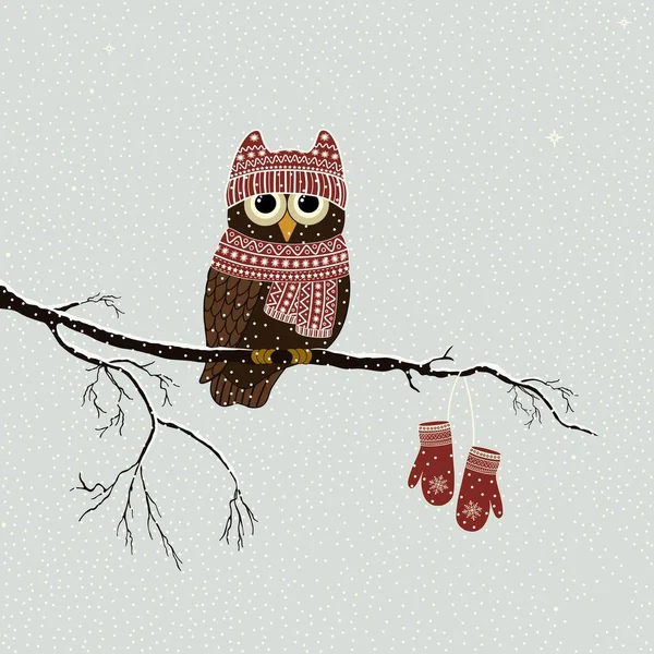 Christmas Card Branch Cute Owl Winter — Stock Vector