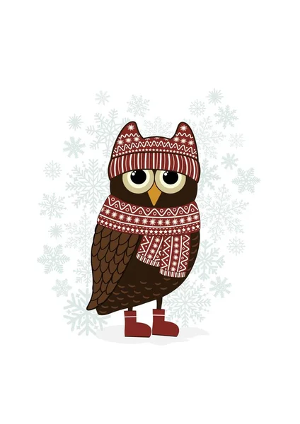 Christmas Cartoon Owl Snowflake White Background — Stock Vector