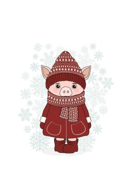 Beyaz arka plan üzerinde sevimli çizgi piglet ile christmas illüstrasyon
