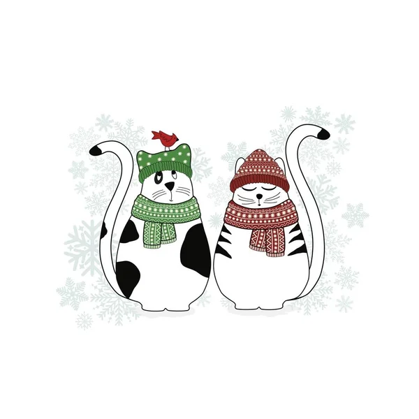 かわいい漫画猫と白い背景に雪の結晶のクリスマス カード — ストックベクタ