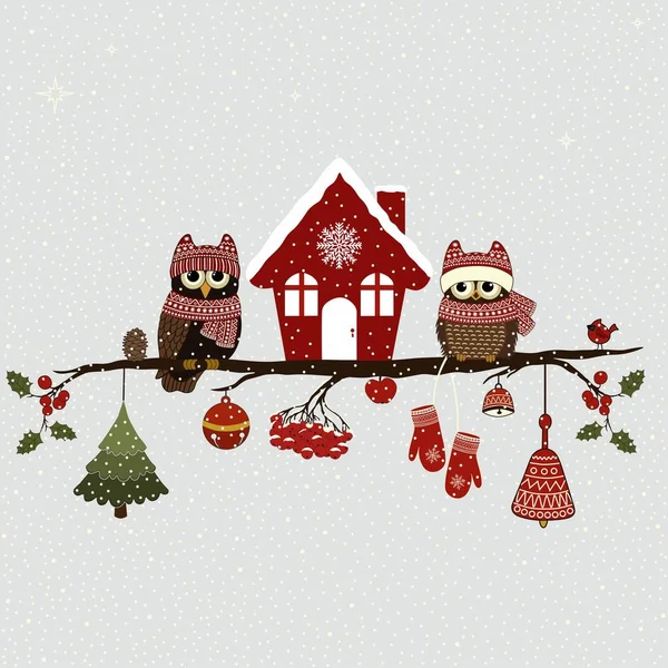 Ευχετήρια Κάρτα Χριστουγεννιάτικες Κουκουβάγιες Κλαδί Και Χριστουγεννιάτικα Στοιχεία — Διανυσματικό Αρχείο