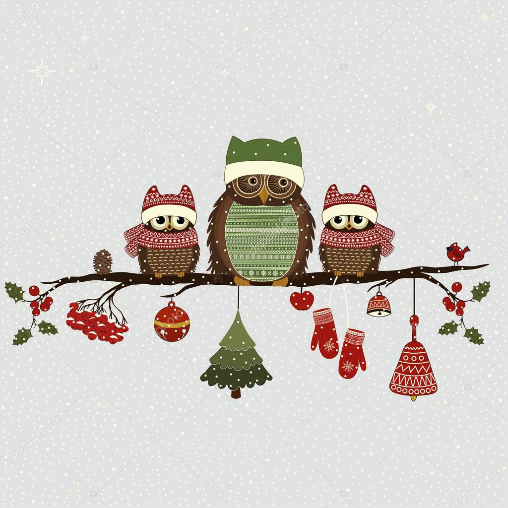 Greeting card with Christmas owls on branch and Christmas elements