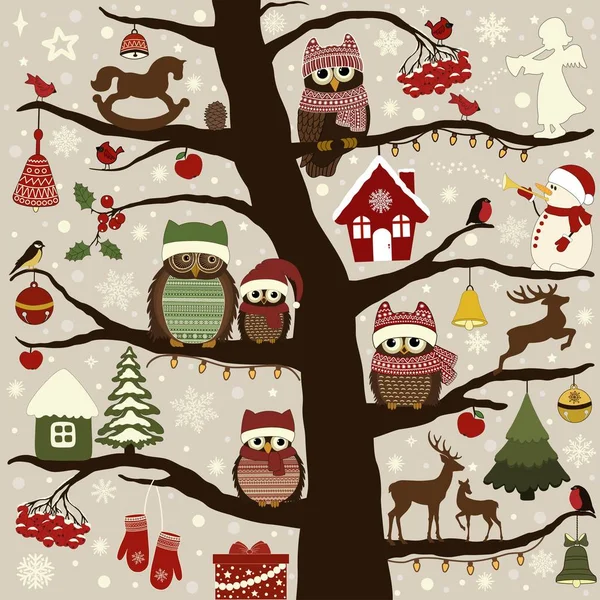 Cartão Saudação Com Pássaros Árvore Natal Elementos Natal — Vetor de Stock