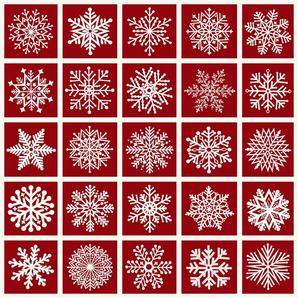 Grußkarte Mit Einem Satz Schneeflocken Auf Rotem Hintergrund — Stockvektor