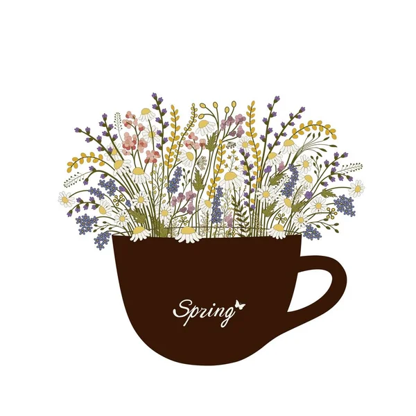 Copa Con Flores Primavera Sobre Fondo Blanco — Vector de stock