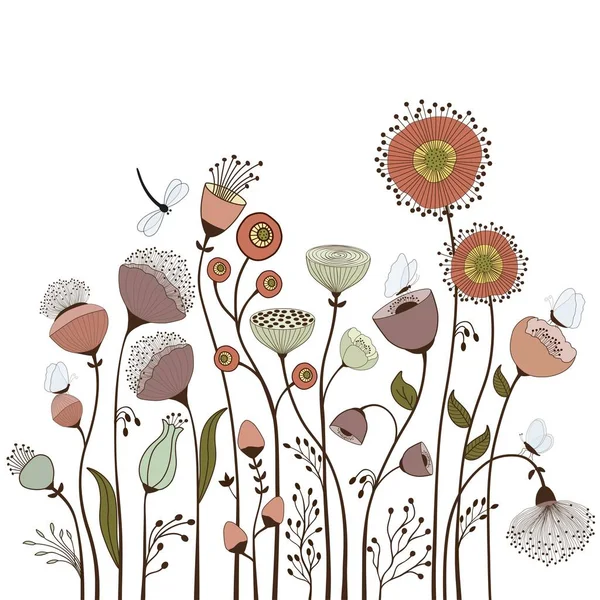 Soyut çiçekler ve kelebekler beyaz arka plan üzerinde