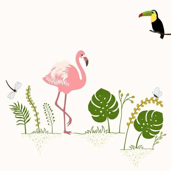 Flamingo Tukan Tropikal Yaprak Ile Dekoratif Desen — Stok Vektör