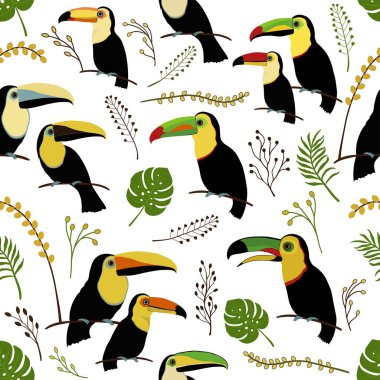 Dikişsiz dekoratif desen toucan ve tropikal yaprak ile