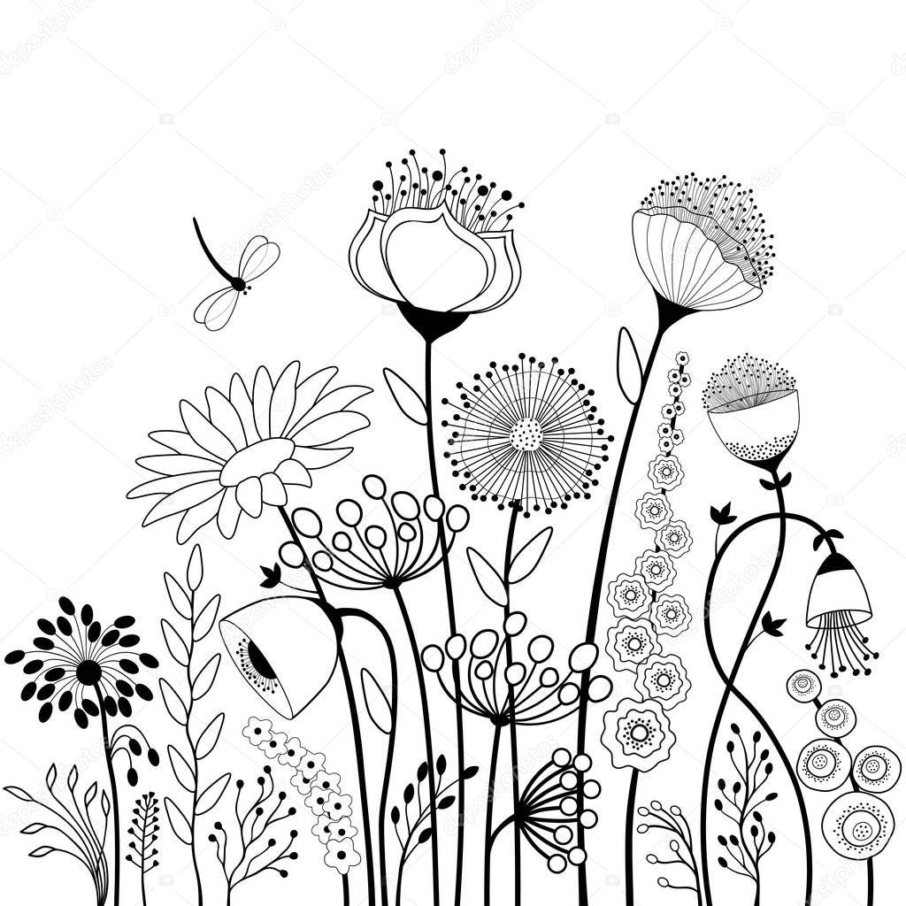 Abstract flowers and butterfly in black and white