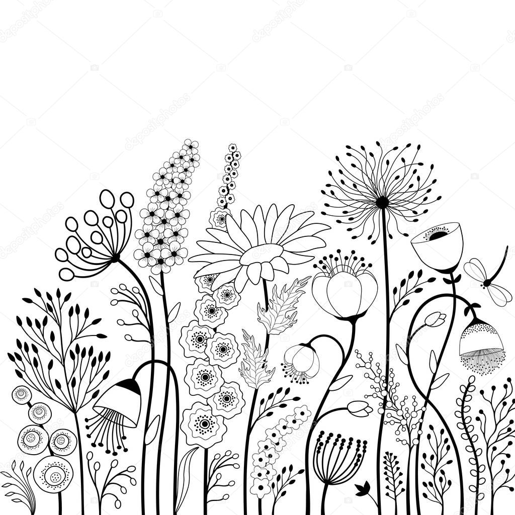 Abstract flowers and butterfly in black and white