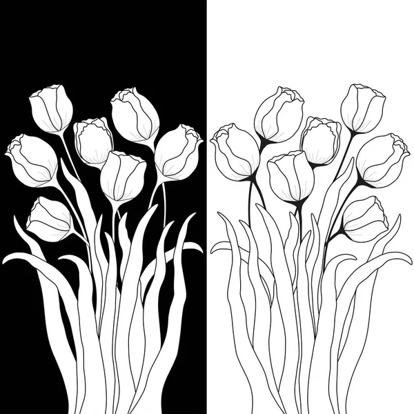 卡片与郁金香花在黑色和白色 — 图库矢量图片