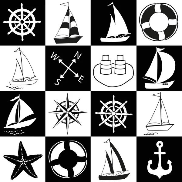 Chess board seamless marine pattern. Black and white squares with nautical elements — Stock Vector