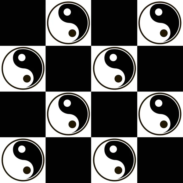 Scacchiera modello senza soluzione di continuità. Quadrati in bianco e nero con simbolo Yin Yang — Vettoriale Stock