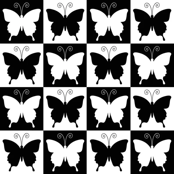 Chess board sömlösa mönster. Svarta och vita rutor med fjärilar — Stock vektor