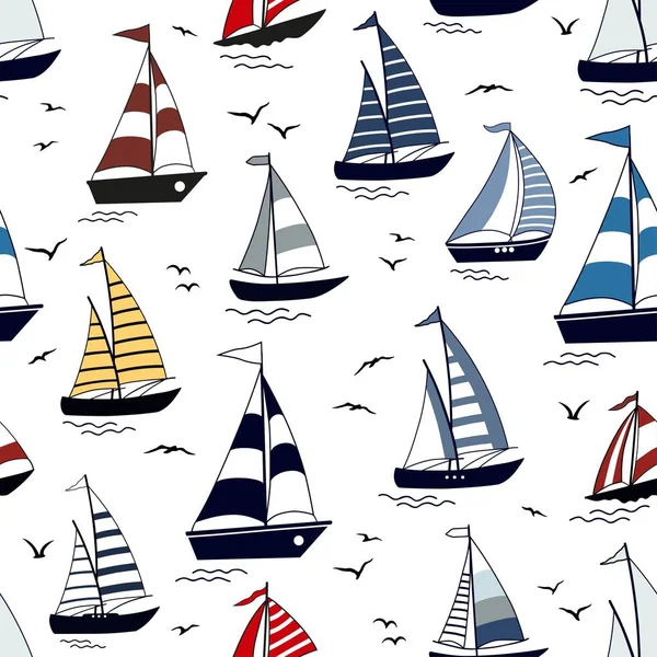 Tengeri varrat nélküli mintázat rajzfilm csónakokkal és madarak sziluettival — Stock Vector