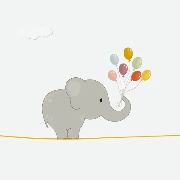 Cute elephant with colorful balloons on a wire — Stock Vector