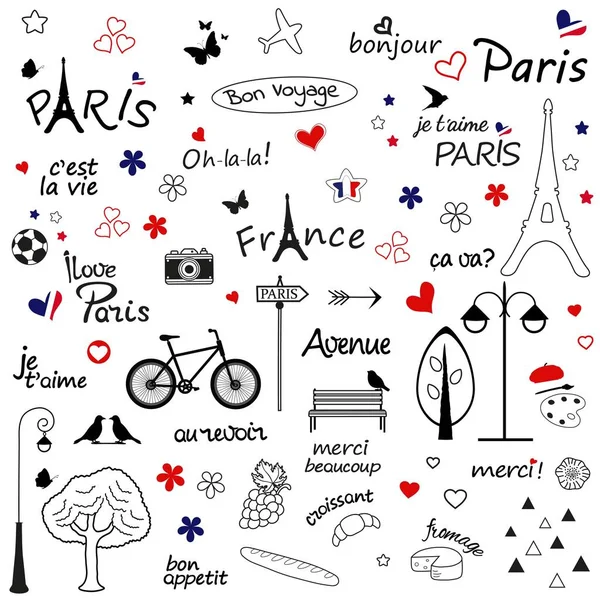 Illustrazione schizzo Parigi. Set di elementi di design disegnati a mano — Vettoriale Stock