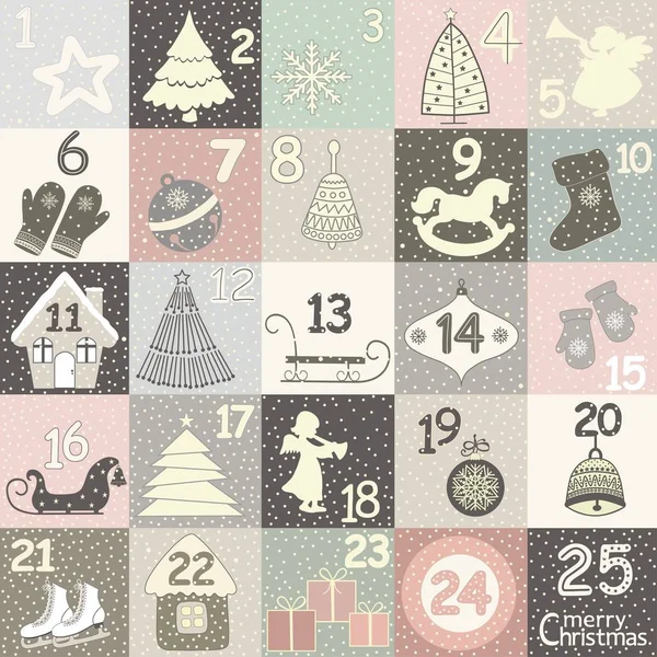 Рождественский календарь с рождественскими символами. Плакат зимних праздников — стоковый вектор