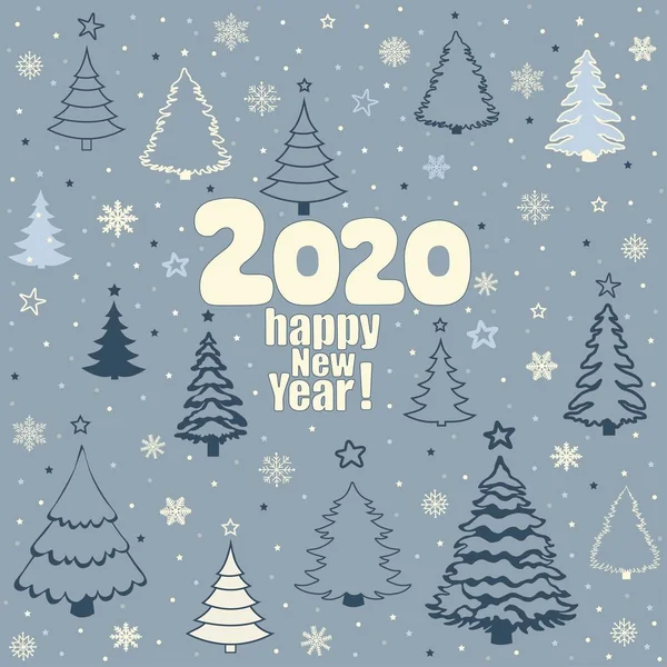 Felice anno nuovo 2020! Biglietto di auguri con albero di Natale — Vettoriale Stock