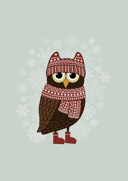 Christmas cartoon owl and snowflake — Stock Vector