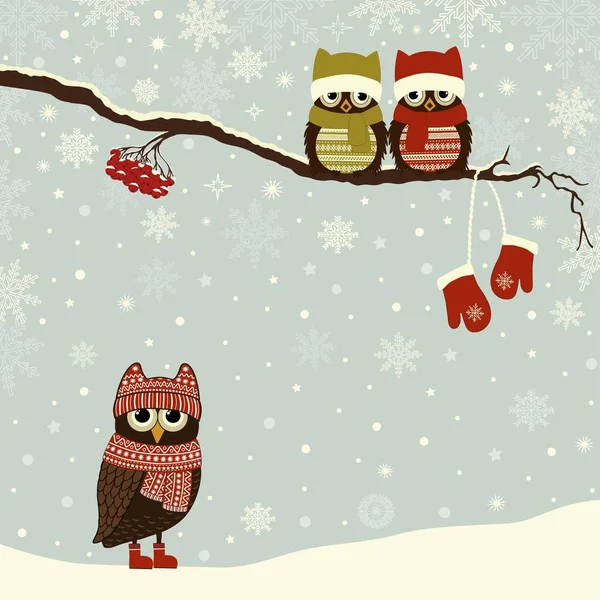 Christmas card with cute owls in winter — Stock Vector