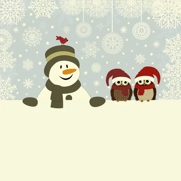 Tarjeta de felicitación navideña con muñeco de nieve y búhos — Vector de stock