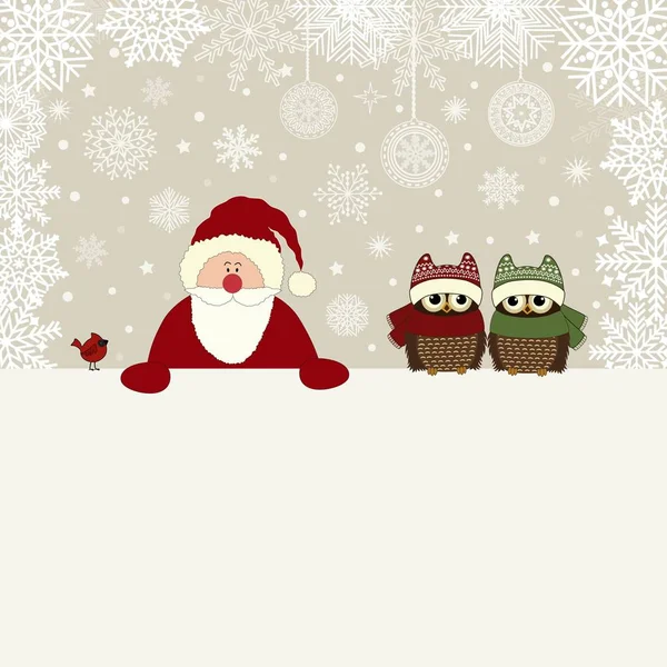 Tarjeta de felicitación de Navidad con Santa Claus y búhos — Vector de stock