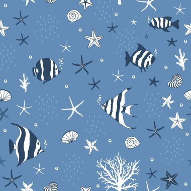 Mavi arka planda balıklar, deniz canlıları ve deniz yıldızlarıyla kusursuz desenler.