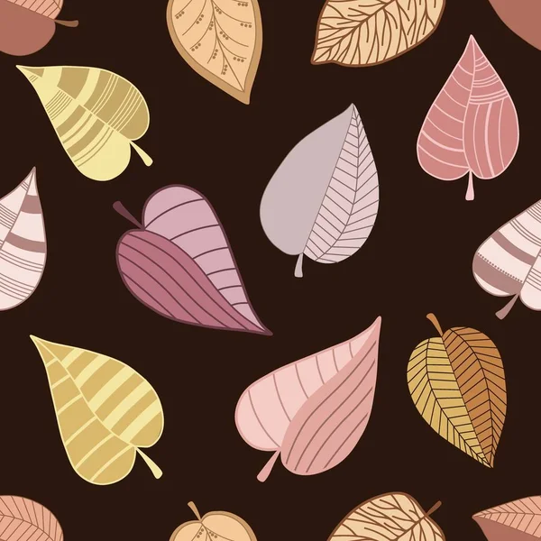 茶色の背景に抽象的なスタイルのカラフルな葉とシームレスなパターン — ストックベクタ