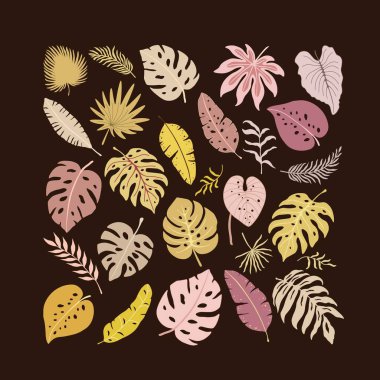 Kahverengi arka planda renkli tropikal yapraklı desen