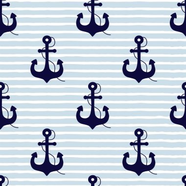 Mavi ve beyaz çizgili arka planda çapaları olan kusursuz denizci deseni.