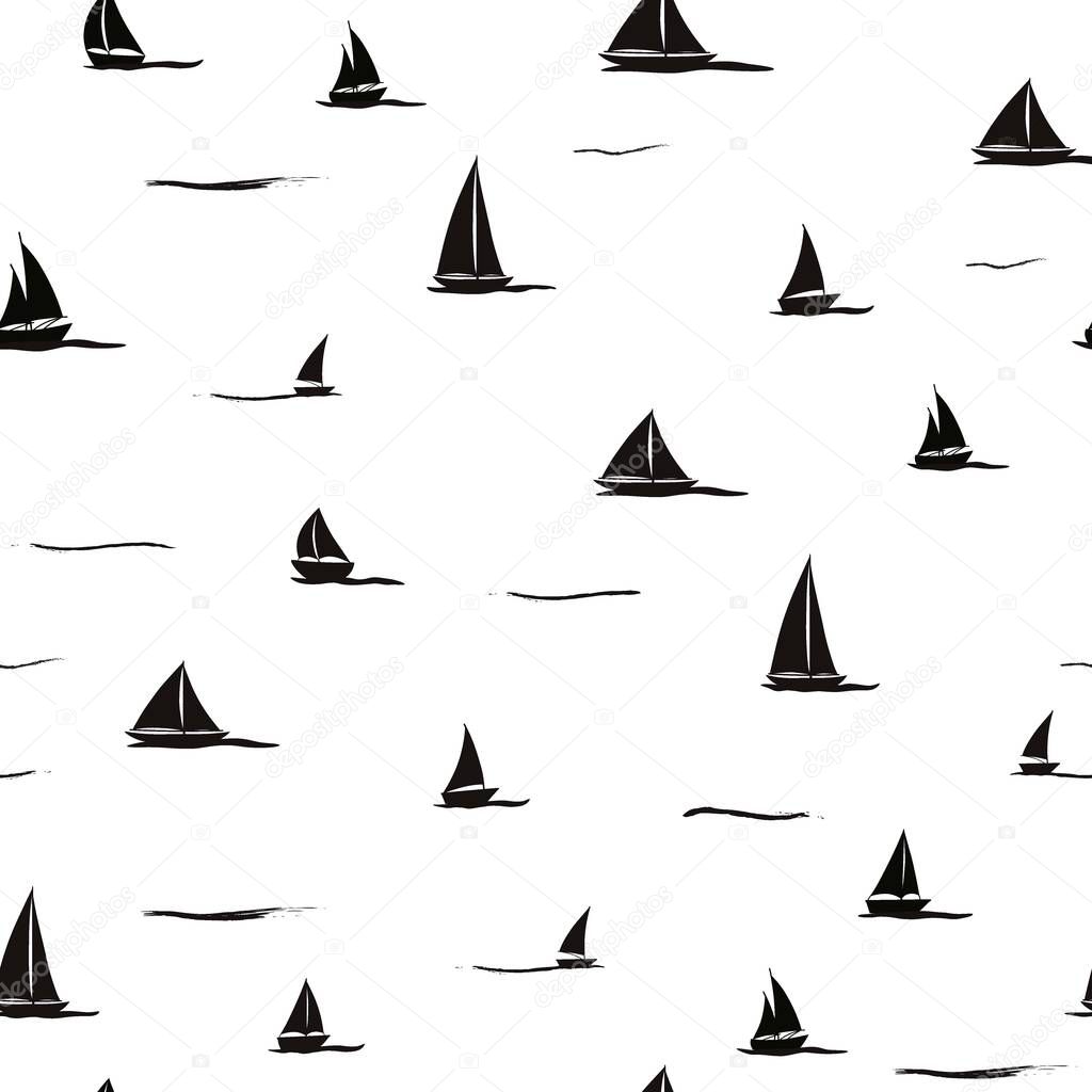 Seamless pattern with yacht silhouette on waves on white background