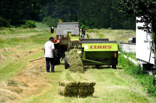 Farmář Které Dohlíží Balící Stroj — Stock fotografie