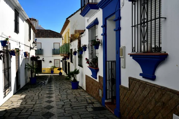 Saksı ve basamaklı sokağın ortasında Estepona Haziran 2017 astar asılı sepetler